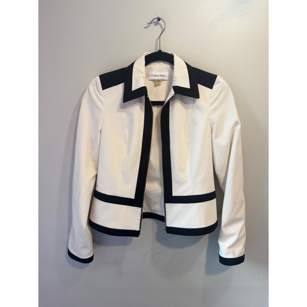 Calvin Klein Womenâ Ivory Black Colorblock Zip Front Jacket Petite 2P Stretch